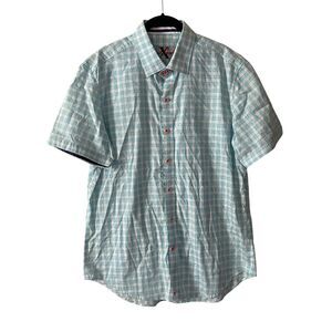 Robert Graham Mens Large Casual Dress Shirt Tailored Fit White Blue Plaid Check